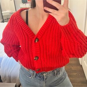 H&M Red Women's Chunky Knit Cardigan Sweater